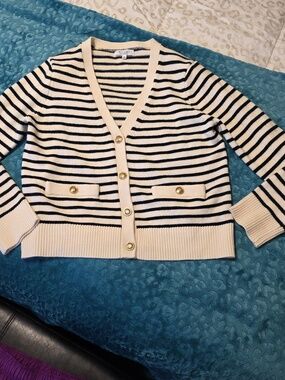 Studio By The Workshop Black & Cream Striped V-Neck w/ Gold Accent Buttons